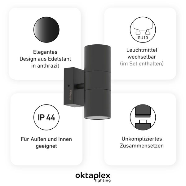 Oktaplex Chile Außenlampe Edelstahl 2x GU10 Leuchtmittel Warmweiß Anthrazit