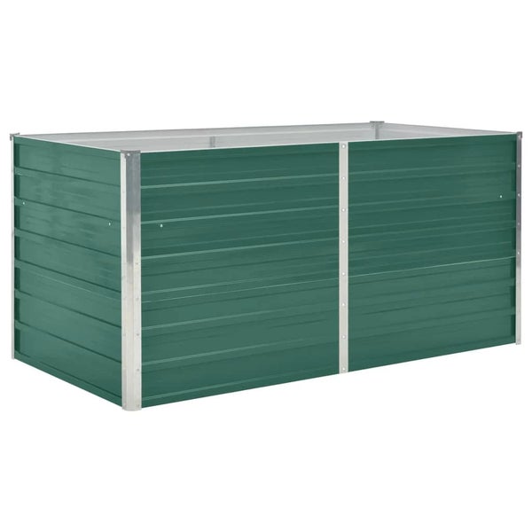 Rechteckiges Hochbeet aus grünem, gewelltem Stahl mit verzinkten Metallkanten für den Garten.