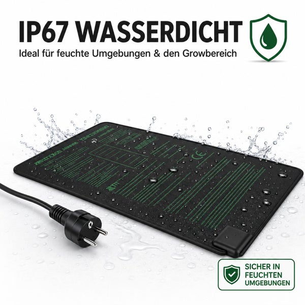 Wasserdichte Heizmatte mit Schutzart IP67 für feuchte Umgebungen und den Growbereich mit Netzkabel.