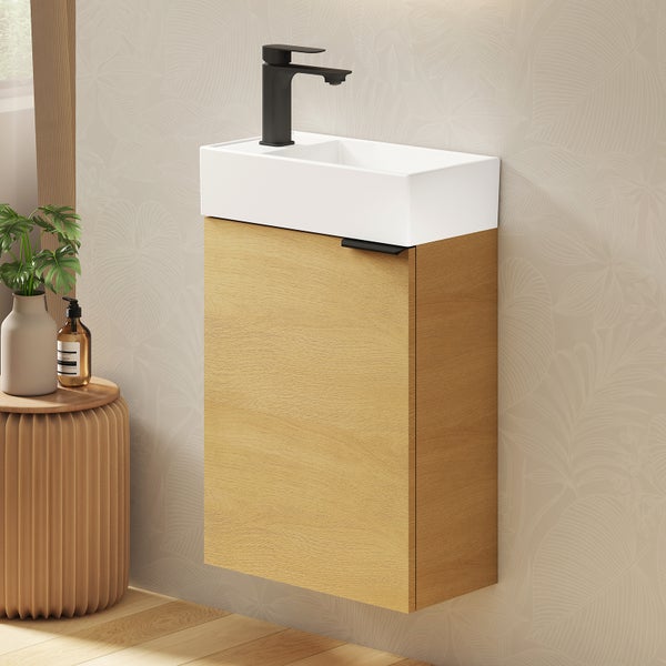 EMKE Waschbecken mit Unterschrank 417×240×646 mm, Badmöbel-Set mit Soft-Close, Türgriff, 2-fach verstellbarem Einlegeboden, Wandmontage, beidseitig montierbar, Eiche