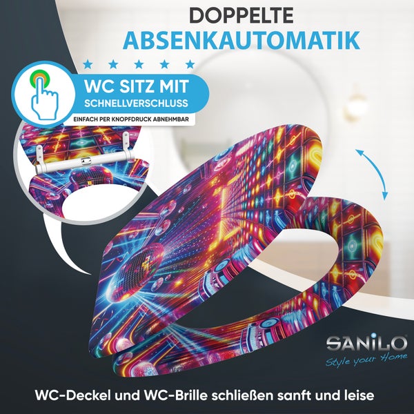 Sanilo WC Sitz mit Disco Design, Absenkautomatik und Schnellverschluss zur einfachen Reinigung.