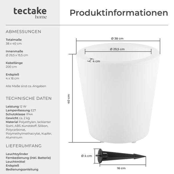 tectake Luminous Curve Cooler Leuchtzylinder Luminous Curve Cooler, LED, mit Fernbedienung 38 x 40 cm, inkl. Erdspieß weiß