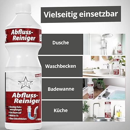 Ricostar Abflussreiniger 1000ml – Extra starker Rohrreiniger gegen Verstopfungen, Haare & Gerüche – Flüssiger Abflussreiniger für Küche, Bad & Dusche – Materialschonend & Made in Germany