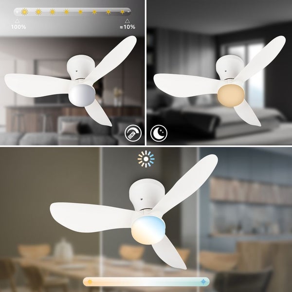 Weißer Deckenventilator mit LED-Licht, dimmbar von 100 bis circa 10 Prozent, Nachtlichtmodus und einstellbare Farbtemperatur für verschiedene Räume.