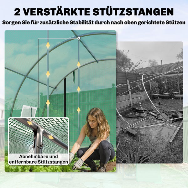 Foliengewächshaus mit zwei verstärkten Stützstangen aus Metall für erhöhte Stabilität und Detailansicht der abnehmbaren Stützen.