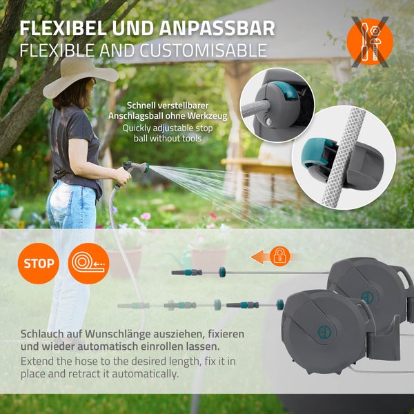 ECD Germany Schlauchaufroller 30m+2m, Schlauchtrommel, Wand-Schlauchbox RollUp mit Arretierstop und 9 Sprühfunktionen, 180° Schwenkbar, Automatischer Wasser Gartenschlauch-Aufroller zur Wandmontage