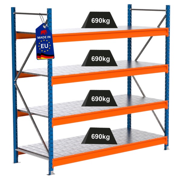 Lagerregal mit vier Ebenen, belastbar mit 690 Kilogramm pro Ebene und Made in EU Kennzeichnung.