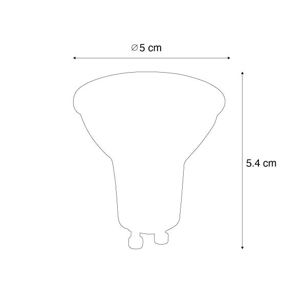 Maßzeichnung eines GU10 Leuchtmittels mit einem Durchmesser von 5 Zentimetern und einer Höhe von 5,4 Zentimetern.