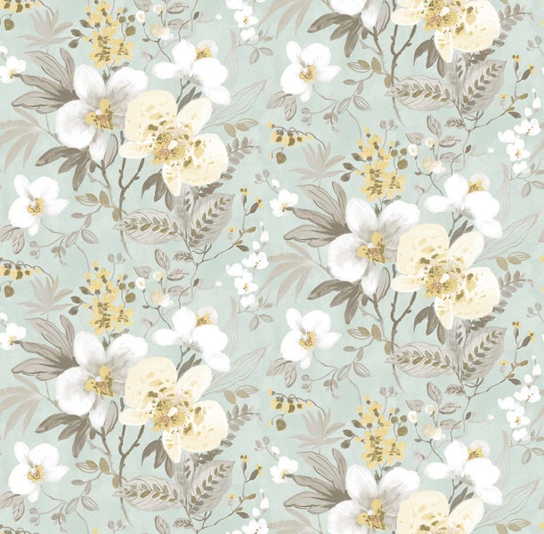 Sanders und Sanders Tapete Blumen Graugrün und Gelb - 53 cm x 10 m - 640391