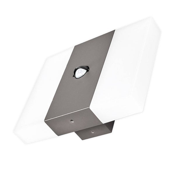 Moderne rechteckige Wandleuchte mit Bewegungsmelder, graues Gehäuse und weiße Diffusoren.
