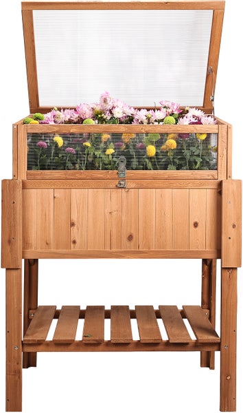 needs&wants® Großes Hochbeet mit Frühbeet-Aufsatz Abdeckung aus Holz für Garten Balkon, Pflanzbeet mit Gewächshaus Frühbeetkasten mit Deckel Dach Haube Ablage Pflanzkasten, 90 x 60 x 118 cm, braun