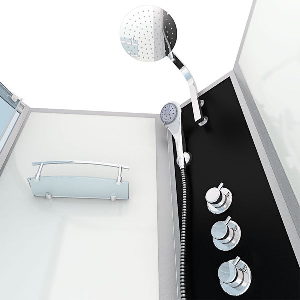 Duschkabine Innenansicht mit runder Kopfbrause, Handbrause, Armatur mit drei Drehreglern und Glasablage mit Reling.