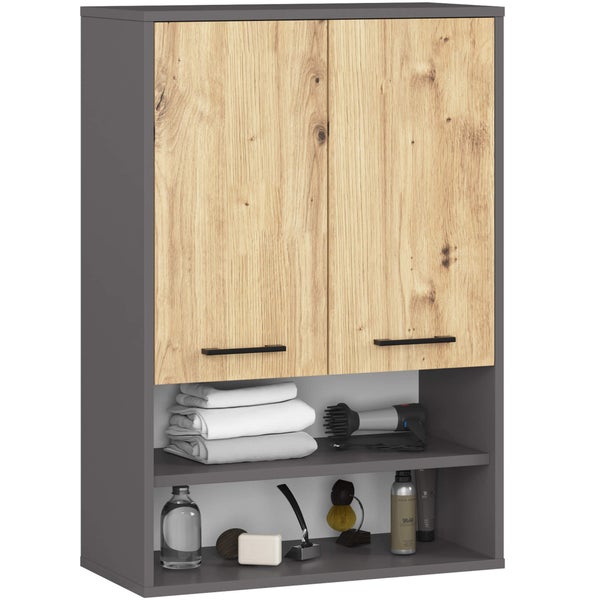 Hängeschrank mit zwei Türen und zwei offenen Regalfächern zur Badezimmeraufbewahrung