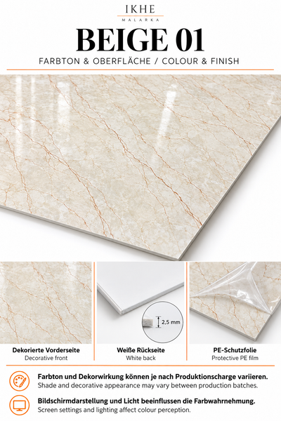 Beige Fliesenplatte mit Marmoroptik und 2,5 Millimeter Materialstärke inklusive Schutzfolie für die Wandverkleidung.