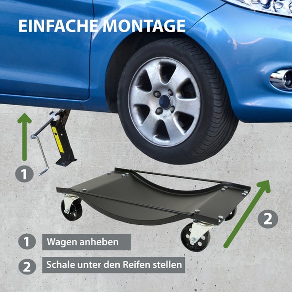 Anleitung zum Anheben eines Wagens mit einem Wagenheber und zum Unterlegen einer Radmulde unter den Reifen