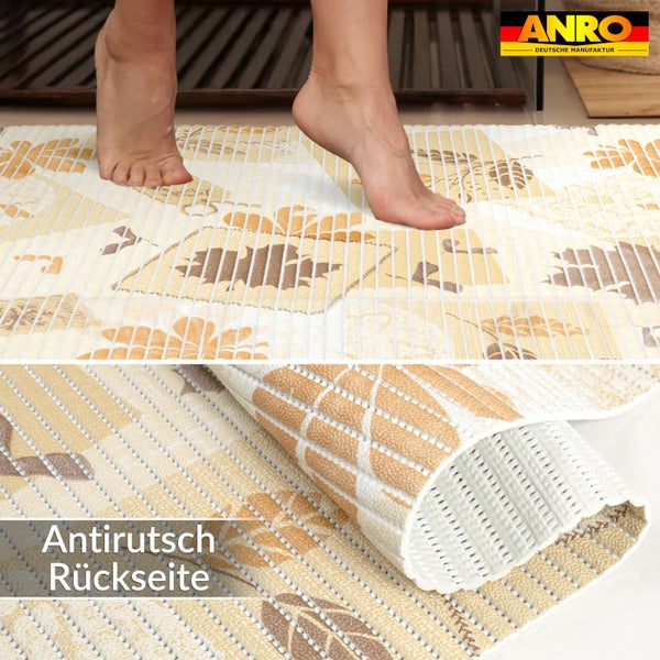 Badematte mit Blättermuster, rutschfester Rückseite und ANRO Logo.