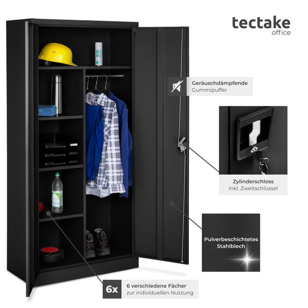 Schwarzer Werkzeugschrank von tectake mit geöffneter Tür und sechs Fächern zur individuellen Nutzung.