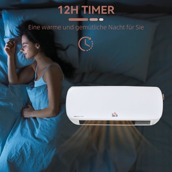 Homcom Wandheizgerät mit 12-Stunden-Timer in einem Schlafzimmer mit einer schlafenden Frau.