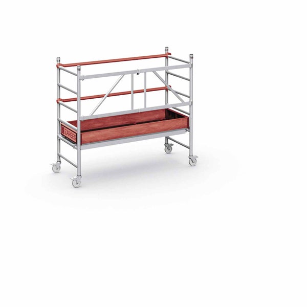 Zarges Fahrgerüst aus Aluminium mit Rollen, Arbeitsplattform und Schutzgeländer.