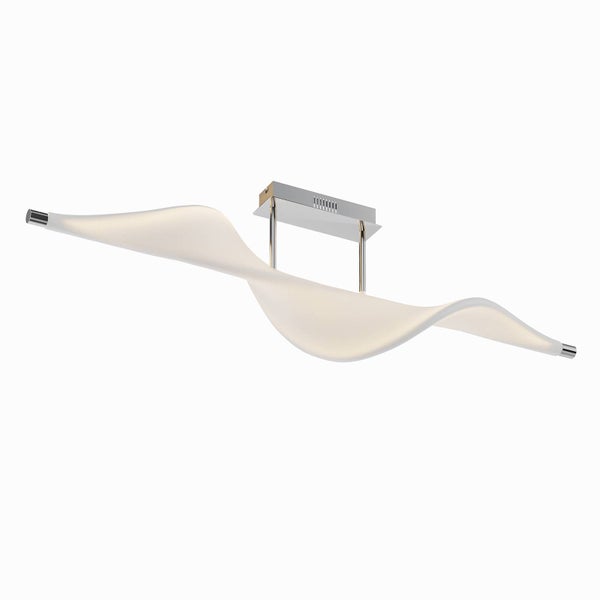 Moderne LED-Deckenleuchte in geschwungener Wellenform mit weißem Diffusor und verchromter Metallhalterung.