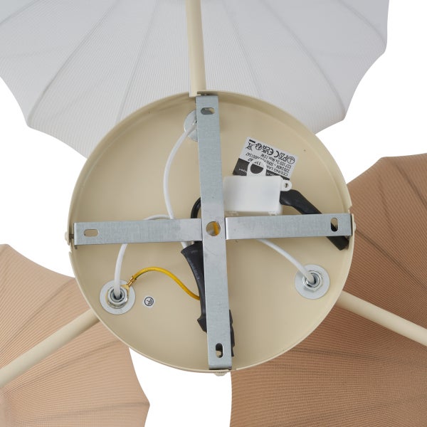 Technische Detailansicht der Deckenhalterung einer Deckenleuchte mit Montagebügel, Verkabelung und Anschlussbox für die Installation.