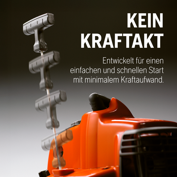 Detailaufnahme des Anwerfseils einer Motorsäge mit der Aufschrift 'Kein Kraftakt. Entwickelt für einen einfachen und schnellen Start mit minimalem Kraftaufwand.'