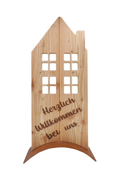Dekoaufsteller aus Holz in Hausform mit Fensterausschnitten und Schriftzug Herzlich willkommen bei uns auf einem Metallstandfuß