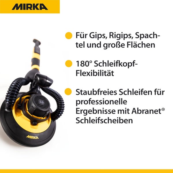 Mirka LEROS Exzenterschleifer, Wand- und Deckenschleifer mit 180° Schleifkopf-Flexibilität (Ø 225 mm) und Tragetasche, Schleifmaschine zum Schleifen von großen Flächen, 4000-8000 U/min