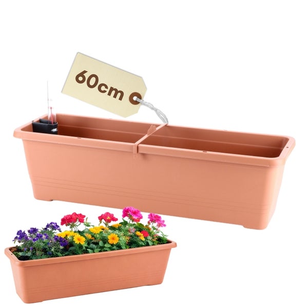 Zwei Pflanzkästen aus Kunststoff, einer mit Blumen bepflanzt, einer mit Größenangabe 60 cm