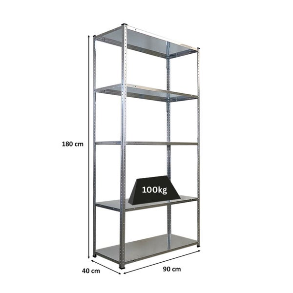 Metallregal mit fünf Böden, Abmessungen 180 cm Höhe, 90 cm Breite und 40 cm Tiefe. Belastbarkeit 100 kg.