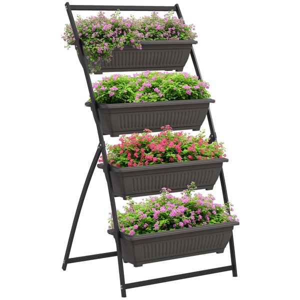 Vertikales Pflanzregal mit 4 Ebenen, Metallgestell, Kunststoff-Blumenkästen mit blühenden Blumen.