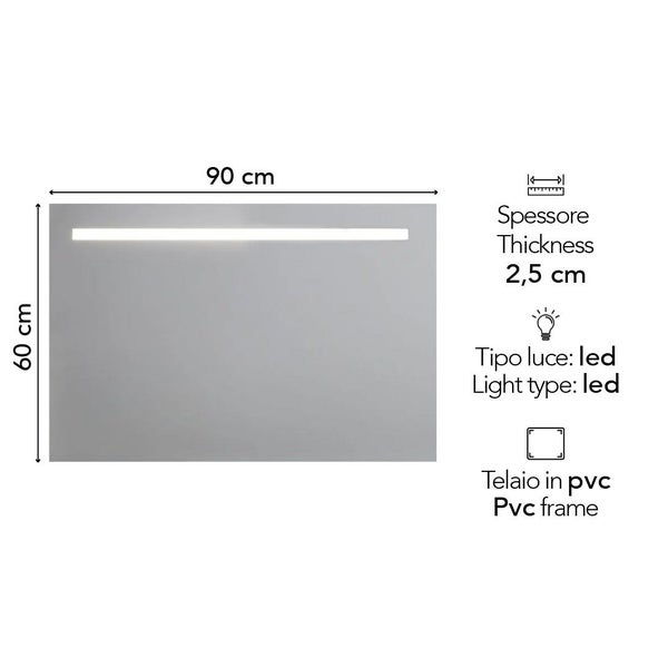 Badspiegel mit LED-Beleuchtung, Breite 90 Zentimeter, Höhe 60 Zentimeter, Stärke 2,5 Zentimeter, PVC-Rahmen.