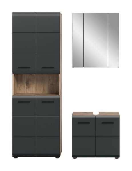 Dreiteiliges Badezimmermöbel-Set mit Hochschrank, Spiegelschrank und Waschbeckenunterschrank in Anthrazit und Eiche-Dekor.