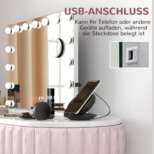 HOMCOM Hollywood Spiegel mit Beleuchtung, Schminkspiegel mit 15 LED Licht, Dimmbar Kosmetikspiegel mit 10X Vergrößerung, USB-Ladeanschluss, Wandspiegel mit Touch Steurung