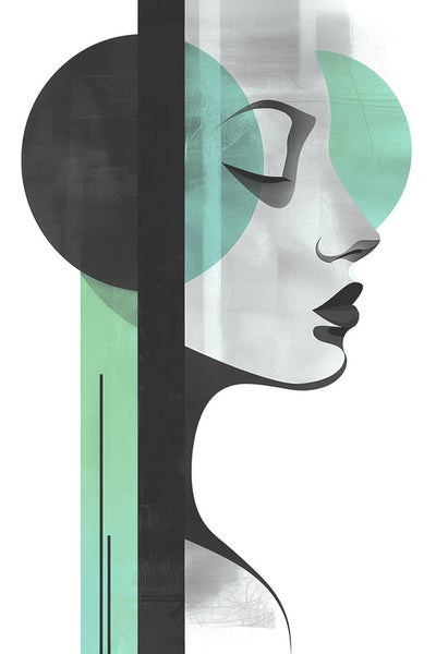 Grafik mit abstraktem Frauenprofil und geometrischen Formen