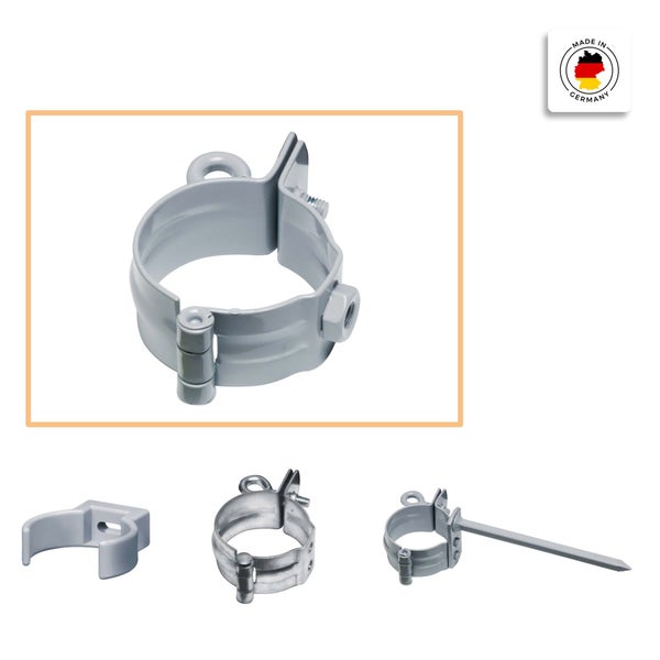 Rohrschellen in verschiedenen Ausführungen aus Metall und Kunststoff zur Rohrmontage mit dem Siegel Hergestellt in Deutschland.