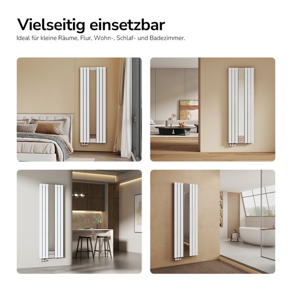 Vertikaler Design-Heizkörper mit integriertem Spiegel in verschiedenen Wohnbereichen wie Schlafzimmer, Wohnzimmer, Küche und Badezimmer.