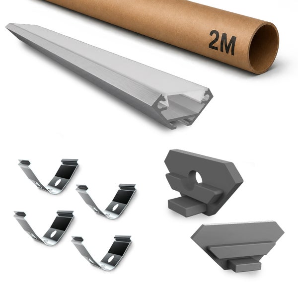 LED Aluminium Eckprofil Set mit Abdeckung, Befestigungsclips und Endkappen für 2 Meter lange Lichtleisten