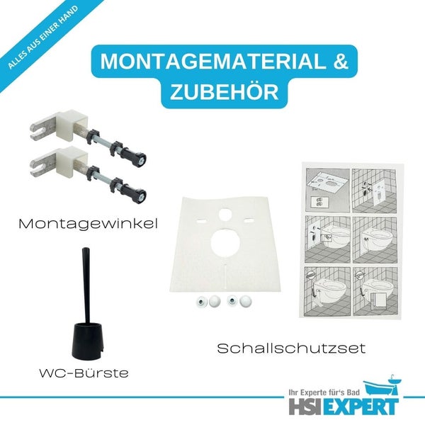 Montagematerial und Zubehör für die Toilette, inklusive Montagewinkel, Schallschutzset und WC-Bürste.