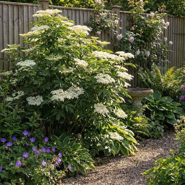 Blühender Holunderbusch mit weißen Blüten in einer Gartenrabatte neben einem Holzzaun mit Funkien, Farnen und einer Vogeltränke aus Stein.