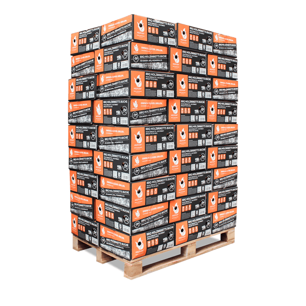 Palette mit Grillholzbriketts aus Buche