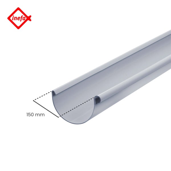 Graue Halbrund-Dachrinne aus Kunststoff mit 150 Millimeter Breite, Inefa Logo.