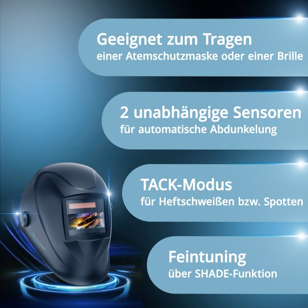 Schweißmaske mit Funktionen wie Tragekompatibilität für Atemschutzmaske oder Brille, zwei unabhängigen Sensoren für automatische Abdunkelung, TACK-Modus für Heftschweißen oder Spotten und Feintuning über SHADE Funktion.