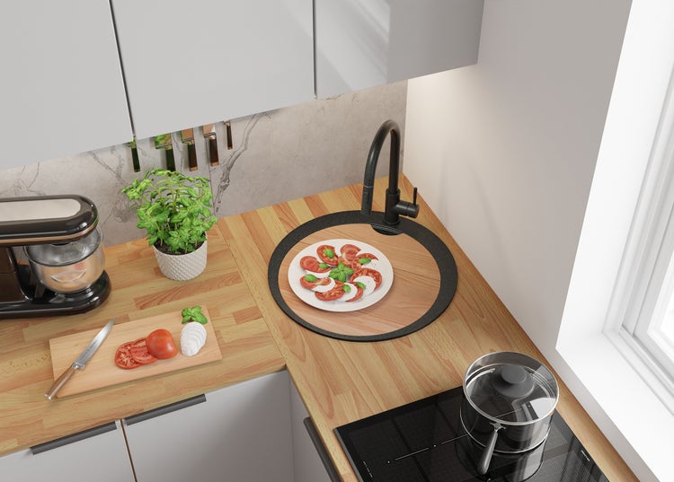 PRIMAGRAN Spülbecken Rund Anthrazit 53x53cm, Granitspüle 1 Becken + Ablauf-Set + Schneidebrett, Küchenspüle ab 50er Unterschrank - Pisa Max