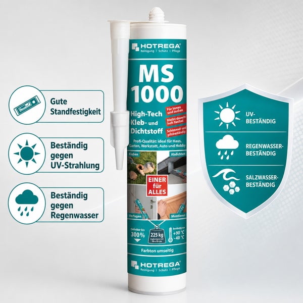 Kartusche mit Hotrega MS 1000 High Tech Kleb und Dichtstoff fuer innen und aussen mit UV Bestaendigkeit und hoher Standfestigkeit.