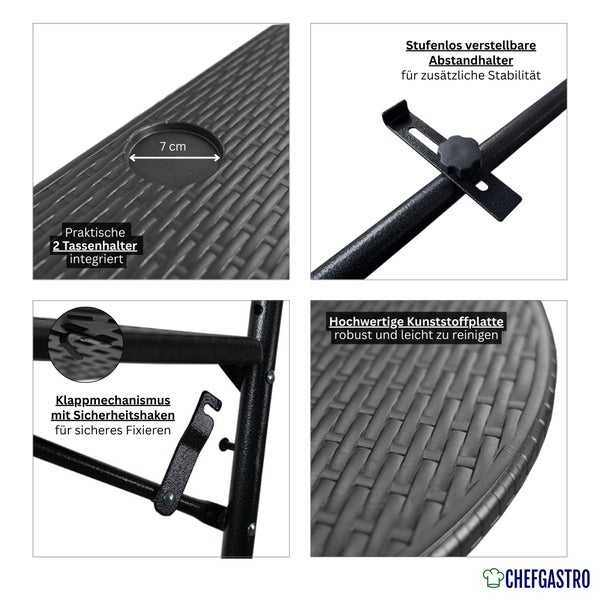 Detailansichten eines Klapptischs in Rattan-Optik mit Tassenhalter, verstellbarem Abstandshalter, Klappmechanismus und ChefGastro Logo.