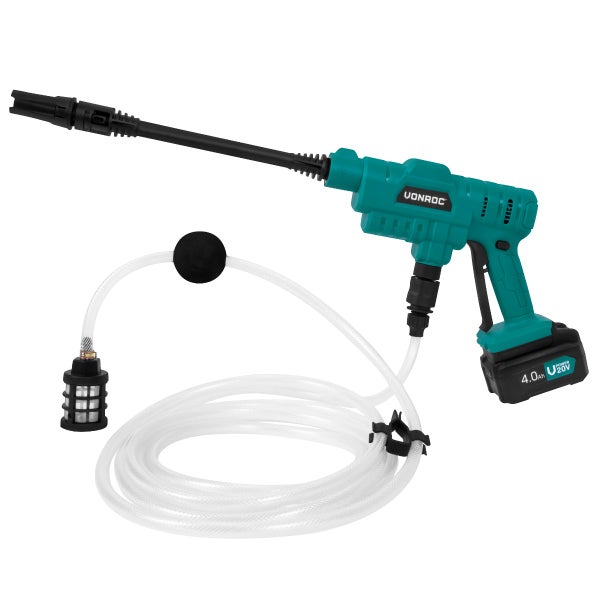 VONROC Profi Akku Hochdruckreiniger mobil 24bar - Kabelloser mini Hochdruckreiniger Akku mit Pistole 198 l/h, Tragbarer Akku Drucksprüher und Akkupumpe inkl 4.0Ah Akku & Ladegerät | Ideal für Auto waschen, Terassenreinigung, Teppichreinigung