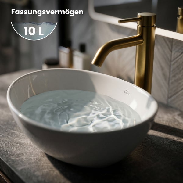 Ovales Aufsatzwaschbecken mit Waschtischarmatur im Badezimmer, Fassungsvermögen 10 Liter. Lavio Logo.