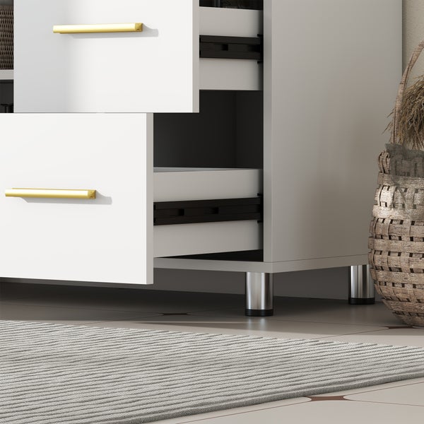 Weißer Badezimmerschrank mit zwei geöffneten Schubladen, goldfarbenen Griffen und silbernen Metallfüßen.