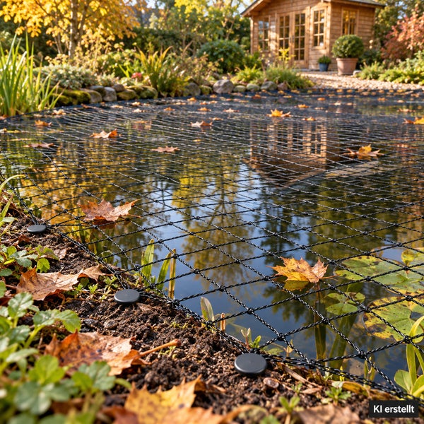 Schutznetz für Gartenteich zur Abwehr von Laub und Tieren, befestigt mit Bodenankern am Teichrand in herbstlicher Gartenlandschaft.